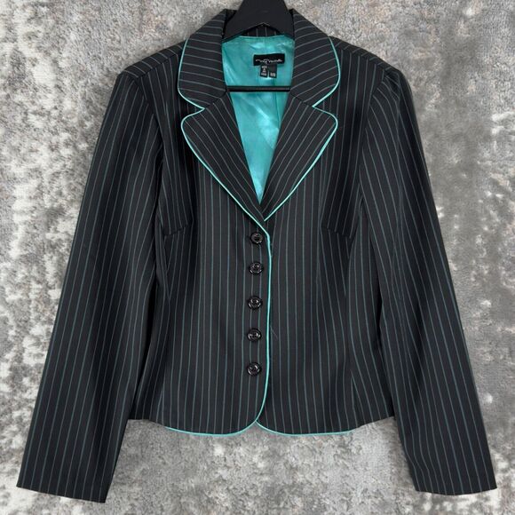 My Michelle Juniors Size 9/10 Striped Button Blazer Jacket Black Blue Lined - Picture 1 of 10